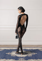 Lace Backless Footsie Jumpsuit with Pearl Detail - Black