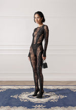 Lace Backless Footsie Jumpsuit with Pearl Detail - Black