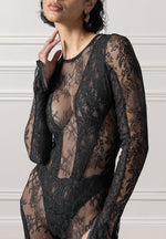 Lace Backless Footsie Jumpsuit with Pearl Detail - Black