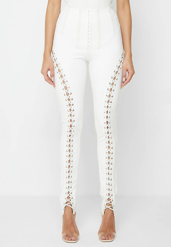 Lace Up Leggings with Corset Detail - White