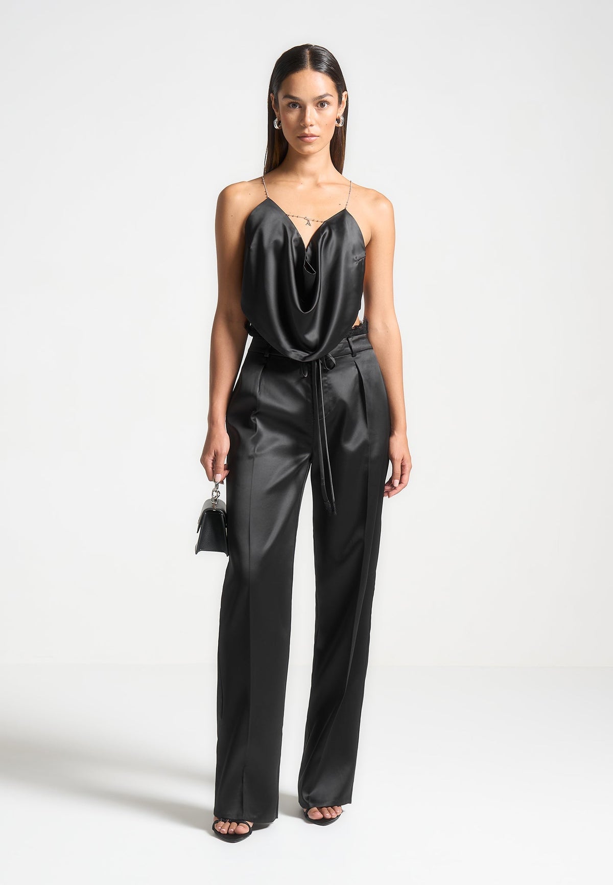 Lace Waistband Satin Pants - Black