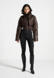 Lysandra - Leather and Nylon Layered Puffer Jacket - Brown