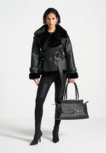 Charlene - Leather and Plush Wrap Belted Jacket - Black