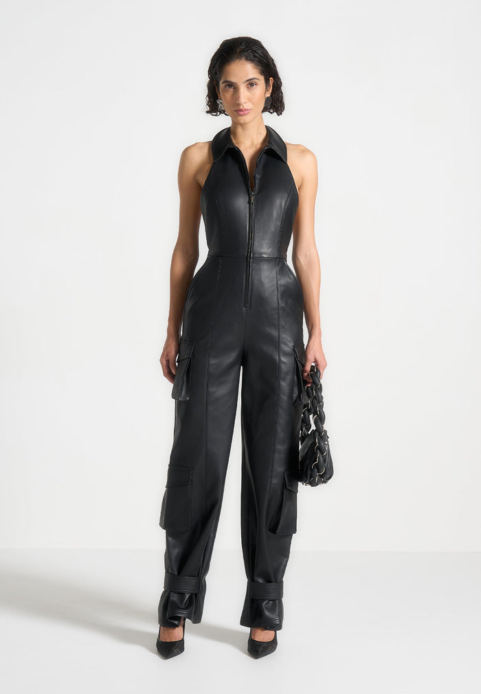 leather-halterneck-cargo-jumpsuit-black