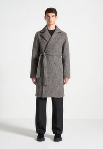 Ben - Herringbone Double Breasted Belted Coat - Brown