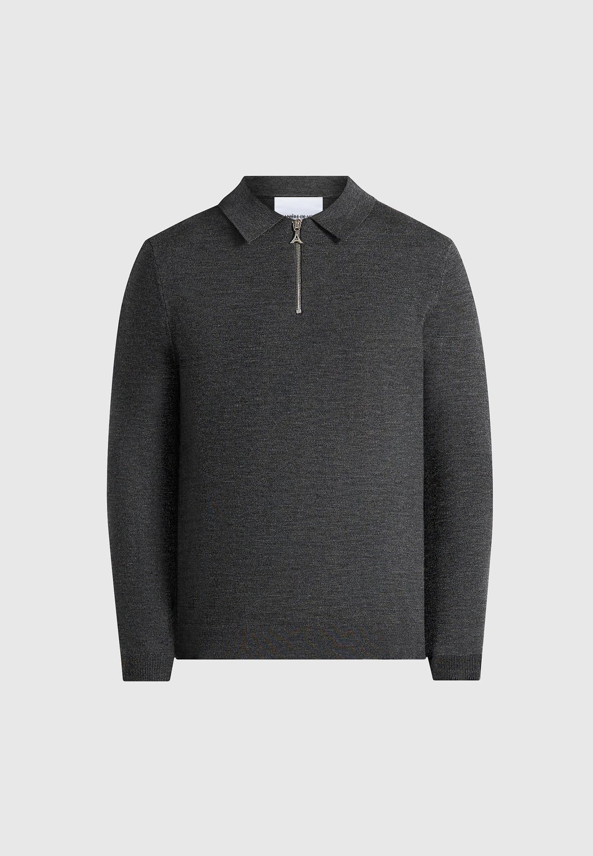 Gilles - Merino Wool Long Sleeve Polo Top With Zip - Marl Grey