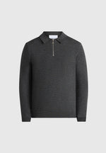 Gilles - Merino Wool Long Sleeve Polo Top With Zip - Marl Grey