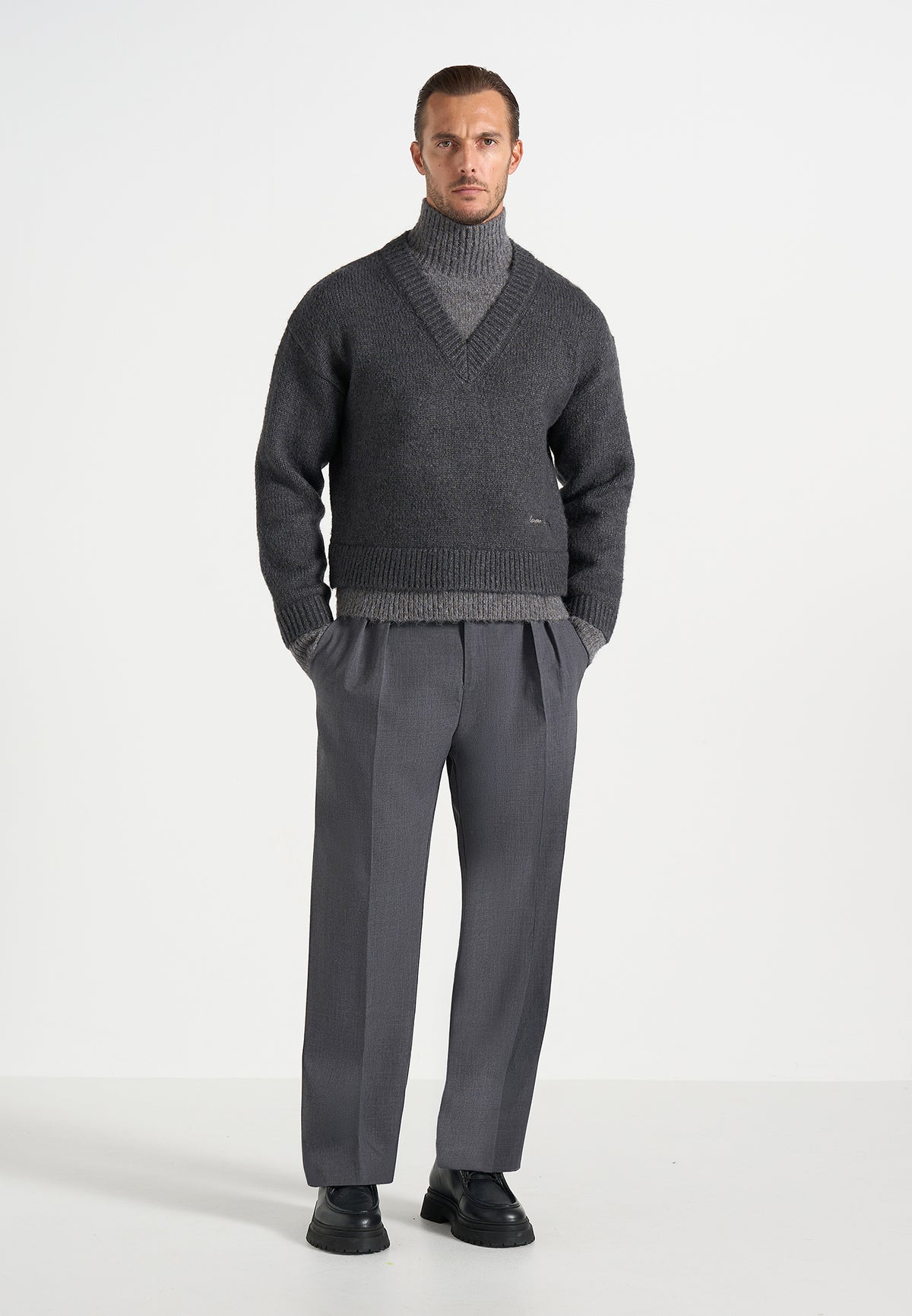 Jacques - Double Layer Wool-Blend V-Neck Knit Jumper - Charcoal