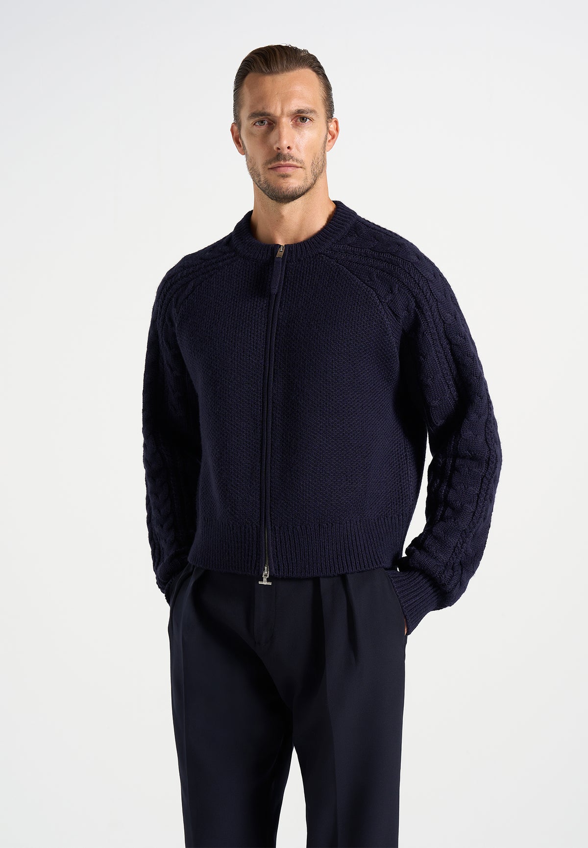 Gaby - Wool-Blend Cable Knit Raglan Cardigan - Navy