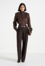 Delfina - Suede Layered-Shoulder Cropped Bomber Jacket - Brown