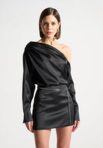 off-shoulder-draped-satin-mini-dress-with-belt-black