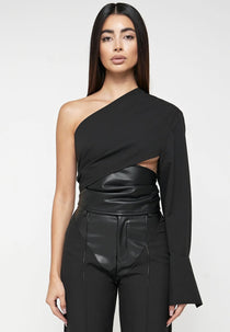 One Sleeve Leather Wrap Top - Black