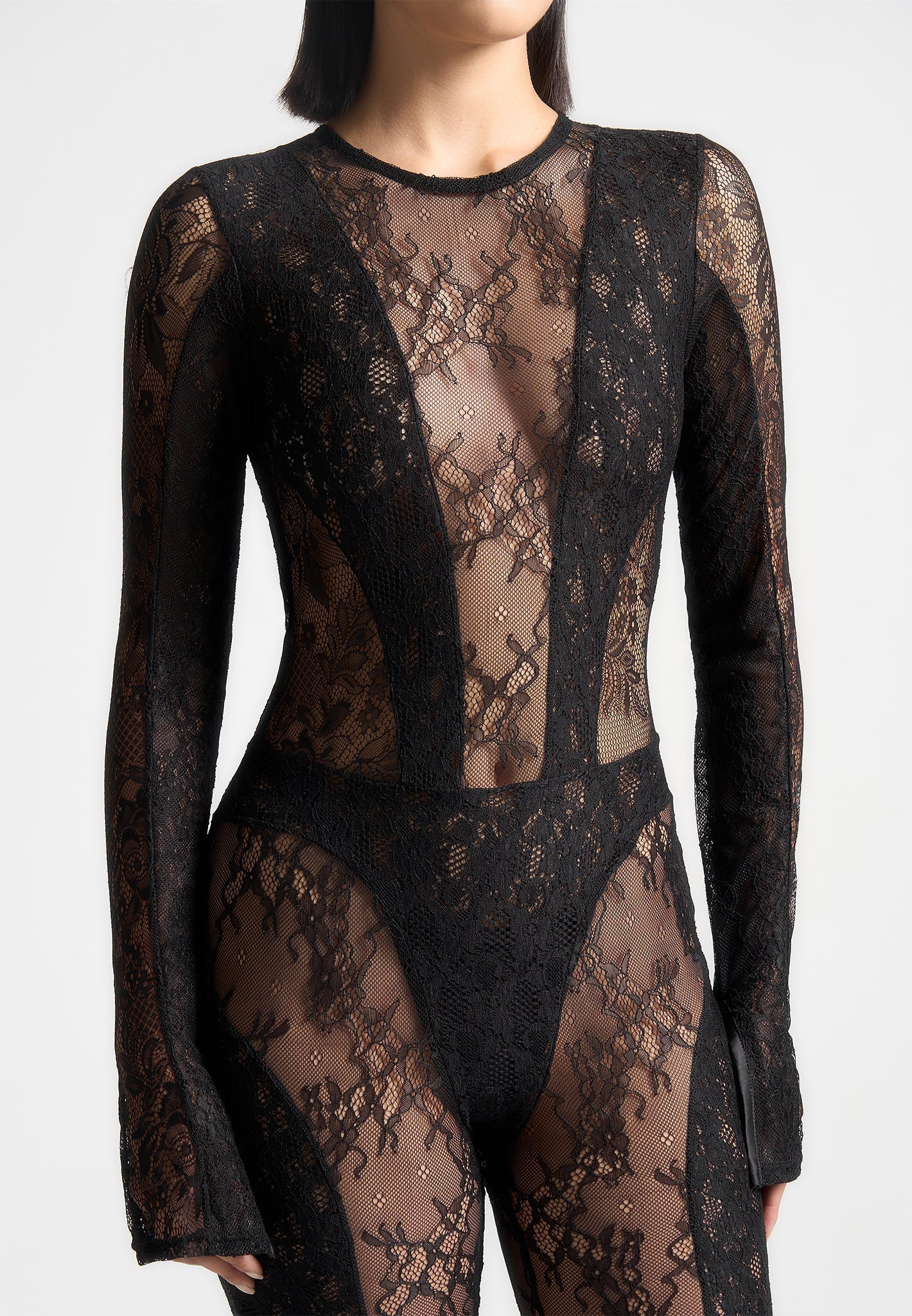 Lace Backless Footsie Jumpsuit with Pearl Detail - Black