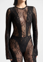 Lace Backless Footsie Jumpsuit with Pearl Detail - Black