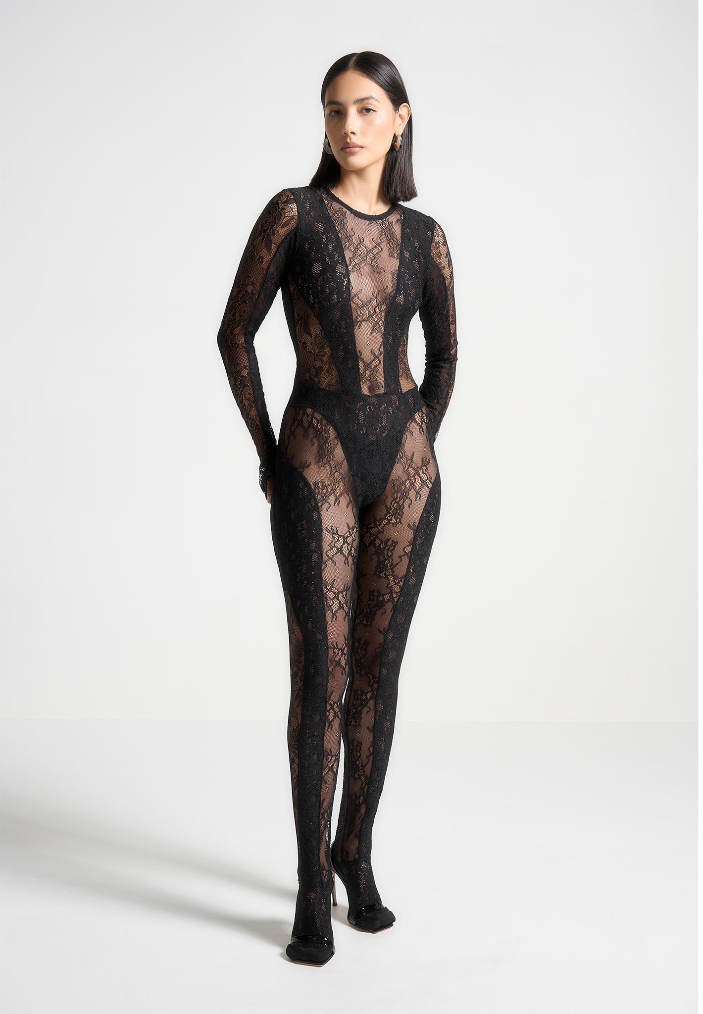 Lace Backless Footsie Jumpsuit with Pearl Detail - Black