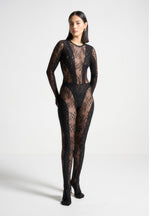 Lace Backless Footsie Jumpsuit with Pearl Detail - Black