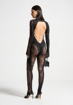 Lace Backless Footsie Jumpsuit with Pearl Detail - Black