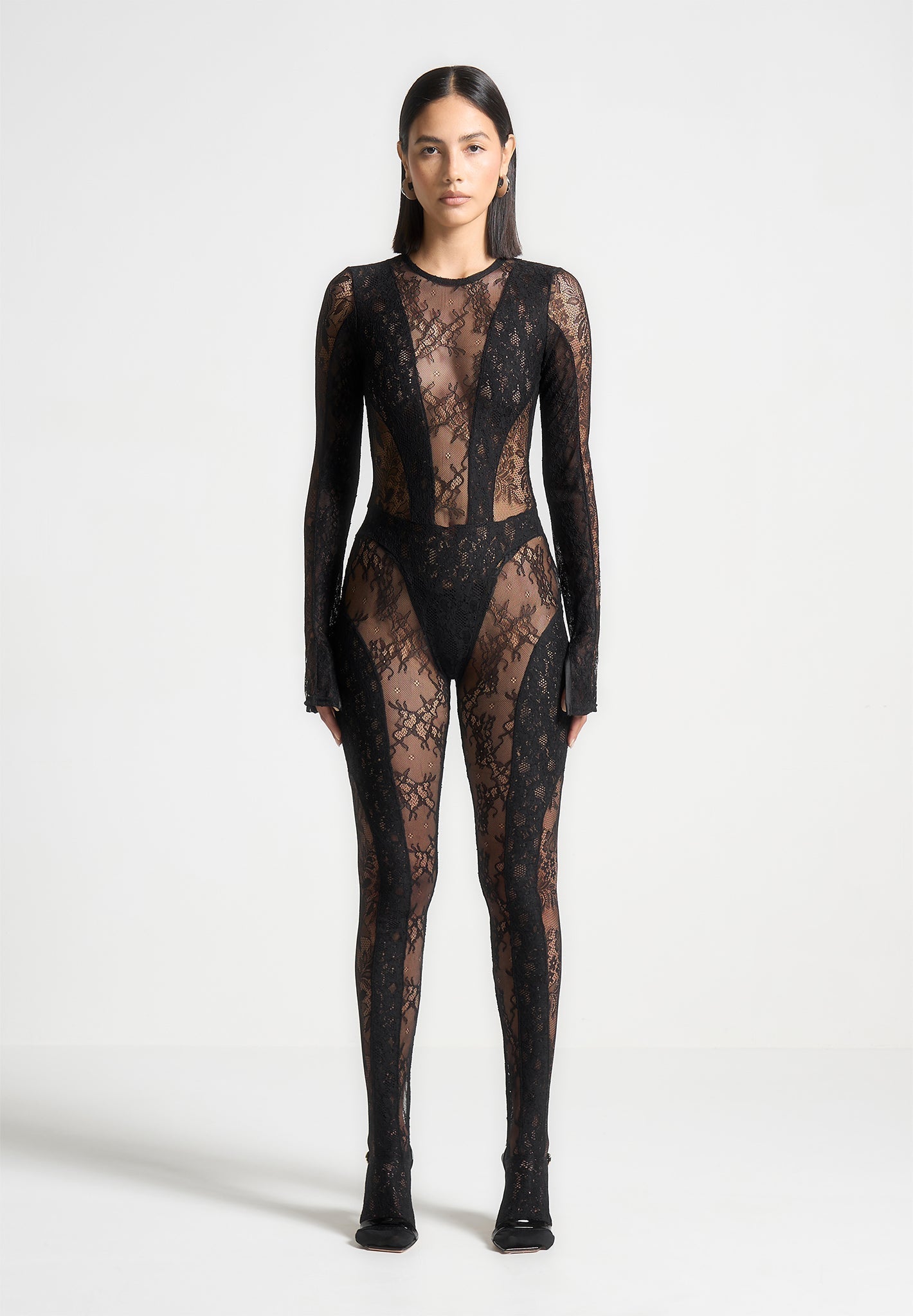 Lace Backless Footsie Jumpsuit with Pearl Detail - Black