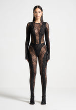 Lace Backless Footsie Jumpsuit with Pearl Detail - Black
