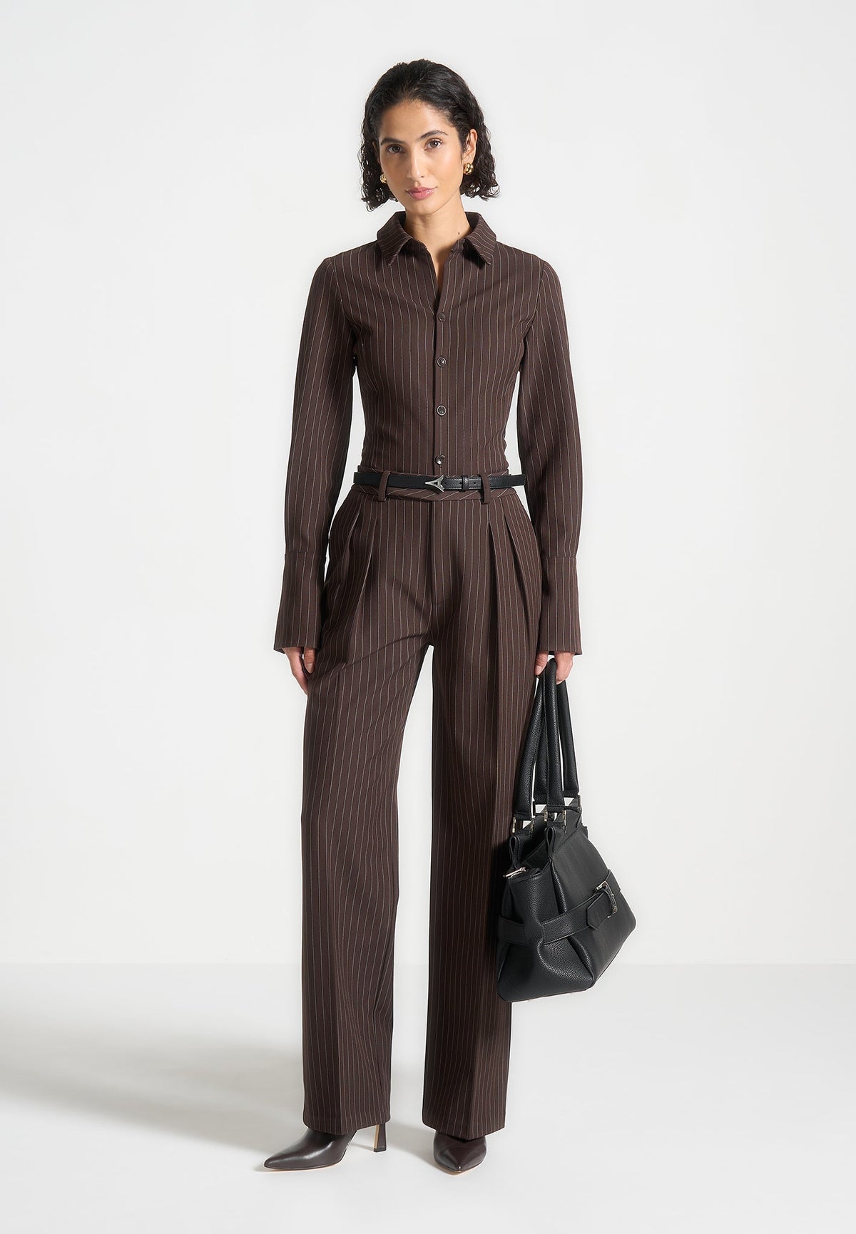 Julie - Pinstripe Twin Pleat Tailored Pants - Brown