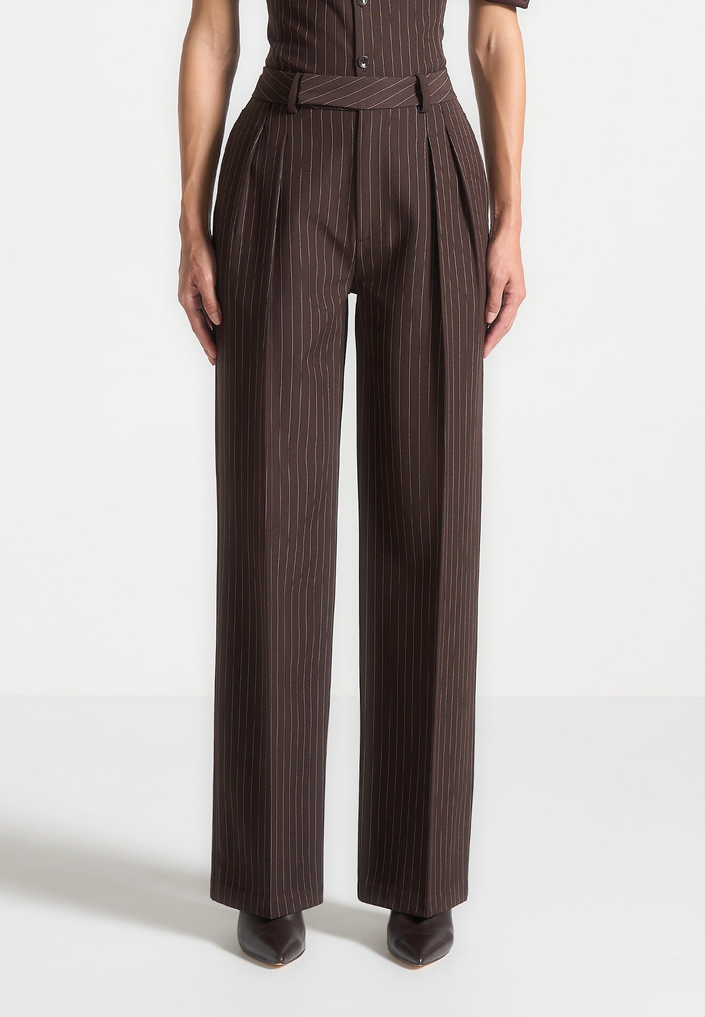 Julie - Pinstripe Twin Pleat Tailored Trousers - Brown