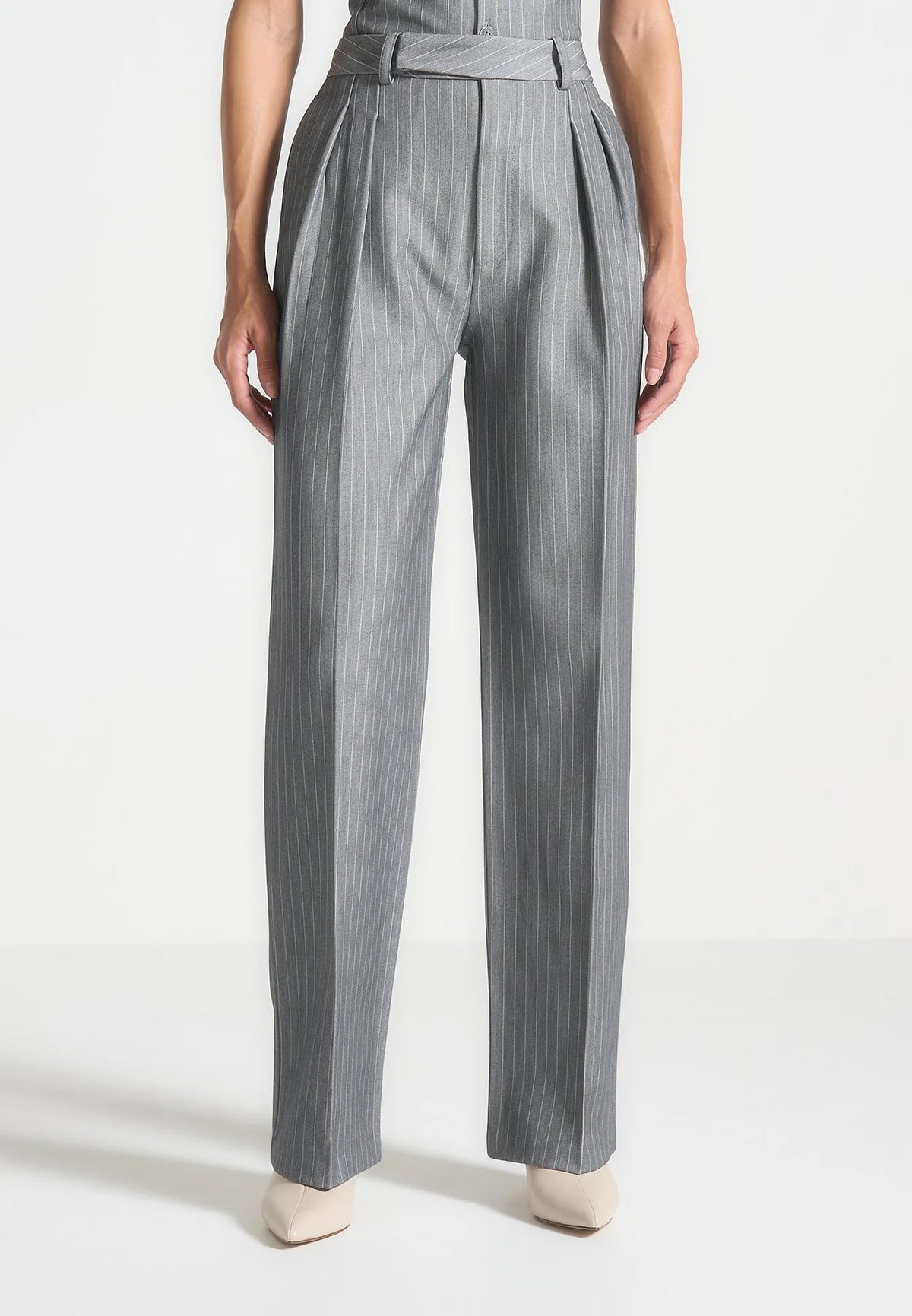 Julie - Pinstripe Twin Pleat Tailored Pants - Grey