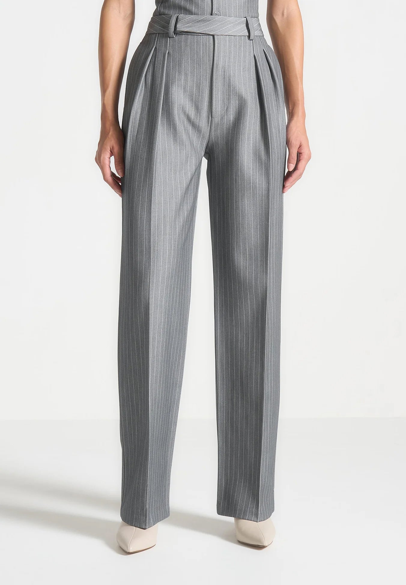 Julie - Pinstripe Twin Pleat Tailored Trousers - Grey