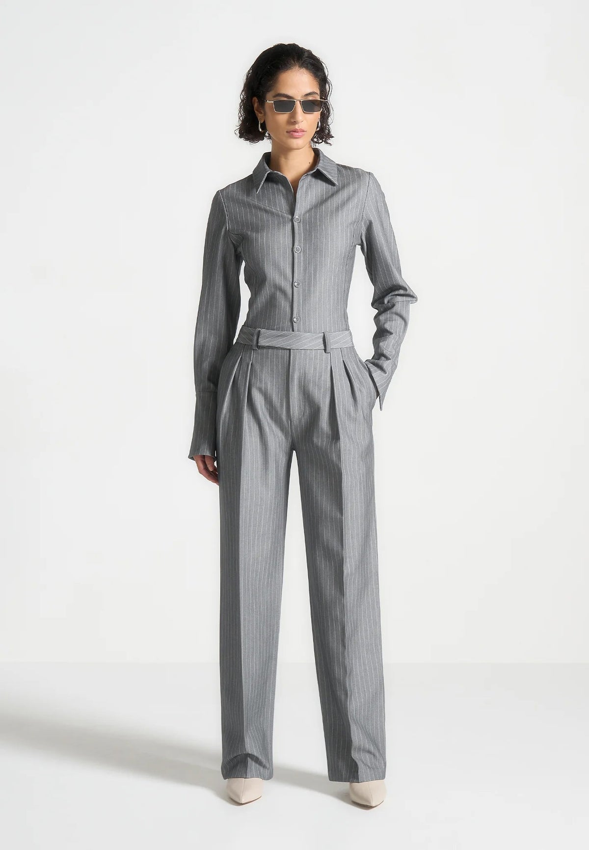 Julie - Pinstripe Twin Pleat Tailored Pants - Grey