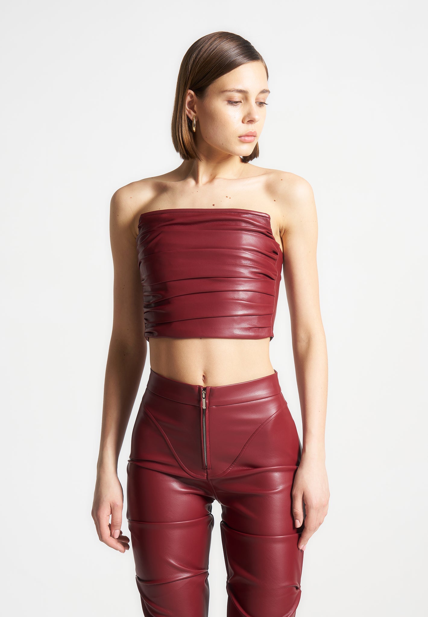 pleated-bandeau-vegan-leather-corset-top-wine-red