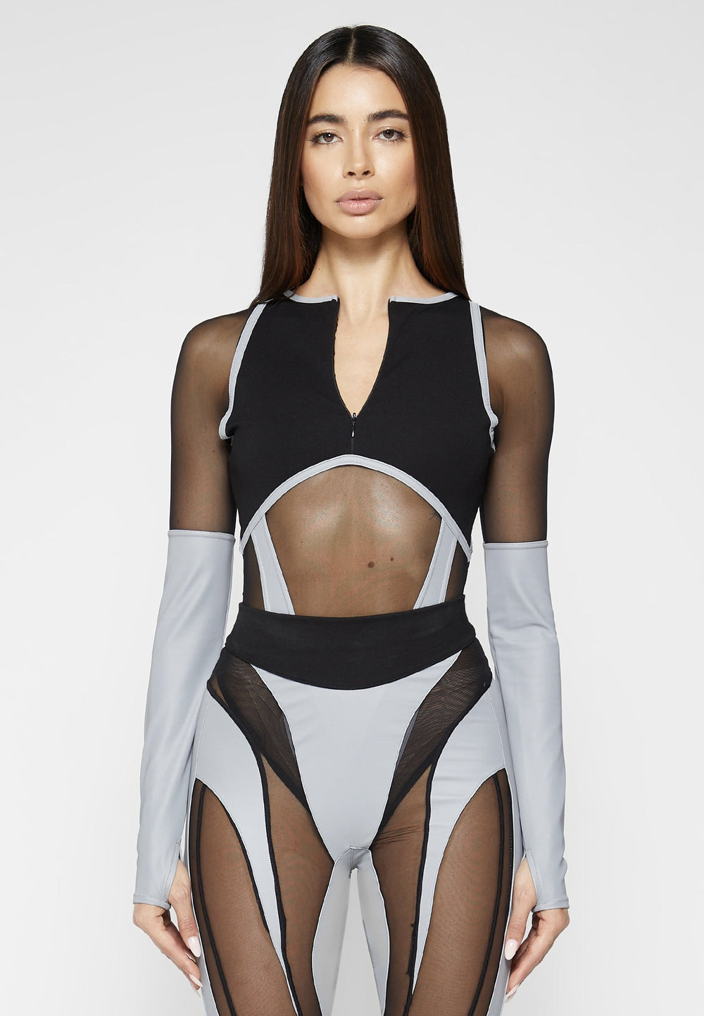 Reflective High Leg Effect Bodysuit - Black