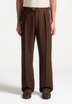 Relaxed Fit Twill Pleated Tailored Trousers - Brown