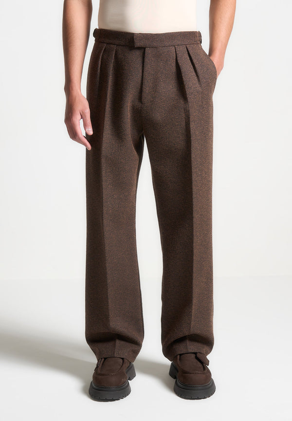 Pierre - Relaxed Fit Melange Pleated Tailored Trousers - Brown