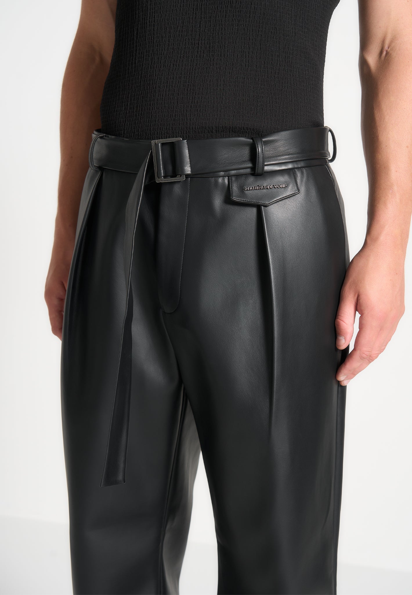 Serge - Relaxed Fit Leather Pleated Pants - Black