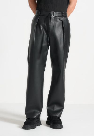 Serge - Relaxed Fit Leather Pleated Pants - Black