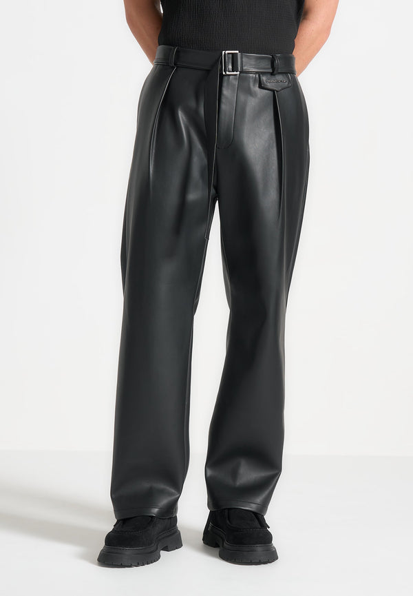 Serge - Relaxed Fit Leather Pleated Pants - Black