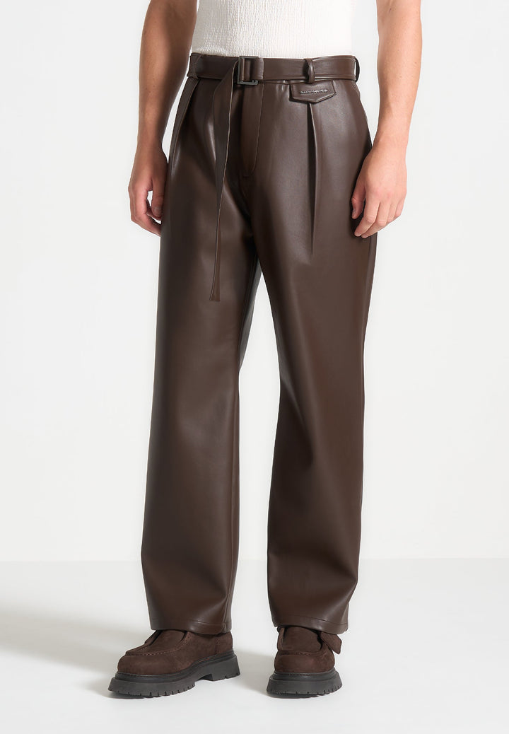 Relaxed Fit Leather Pleated Trousers - Brown