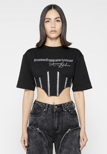 Rhinestone Lace Up Corset T-Shirt - Black