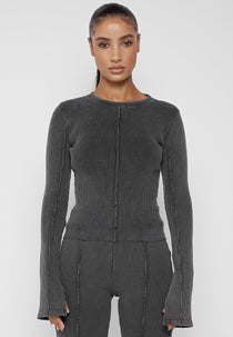Ribbed Long Sleeve Top - Washed Grey