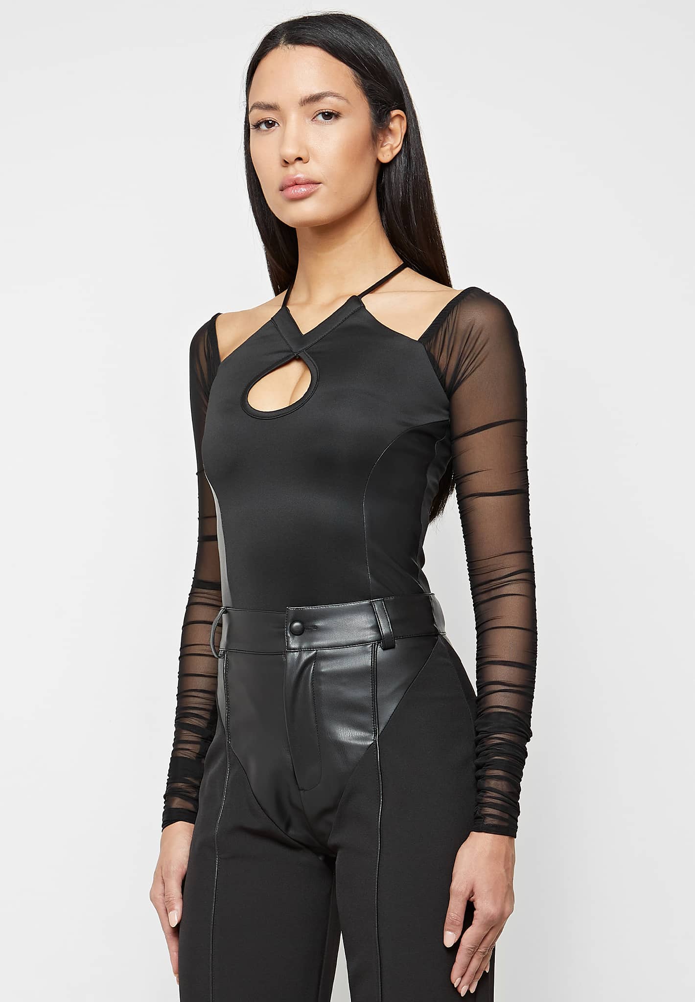 Ruched Mesh Sleeve Bodysuit - Black