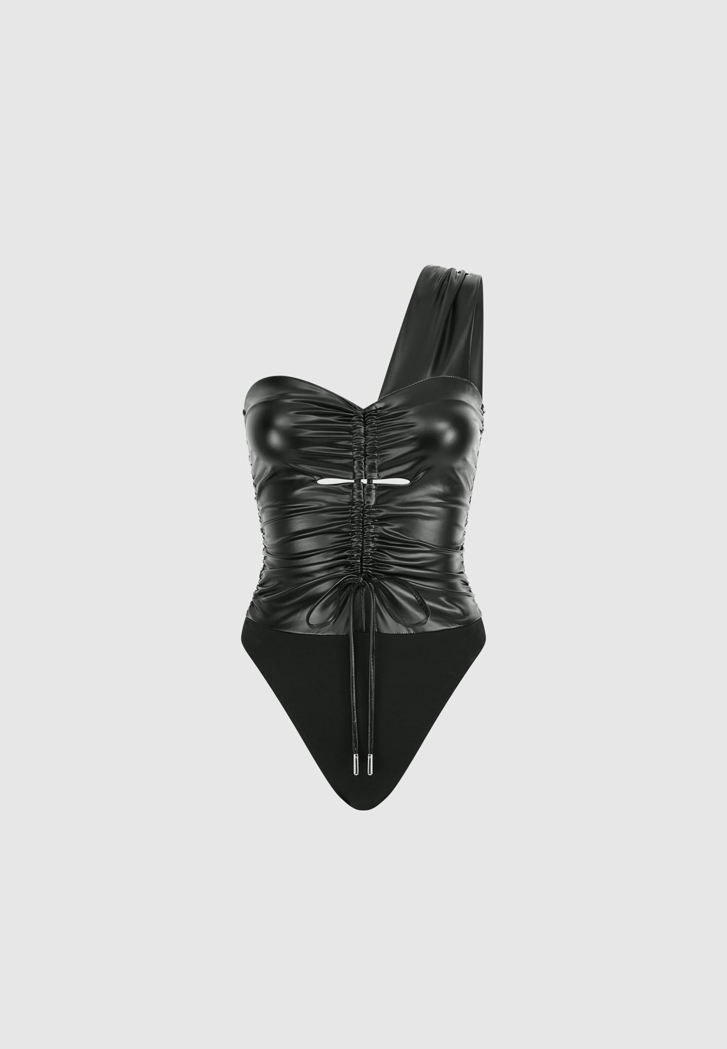 ruched-vegan-leather-bodysuit-black