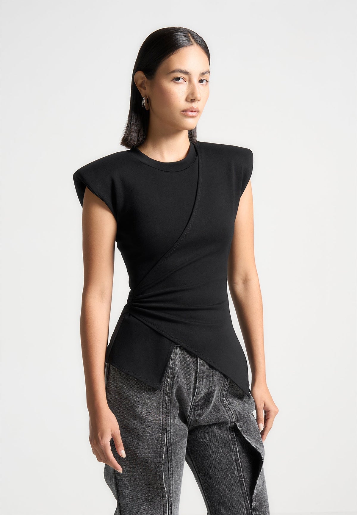 Paige - Wide Shoulder Ruched Waist Top - Black