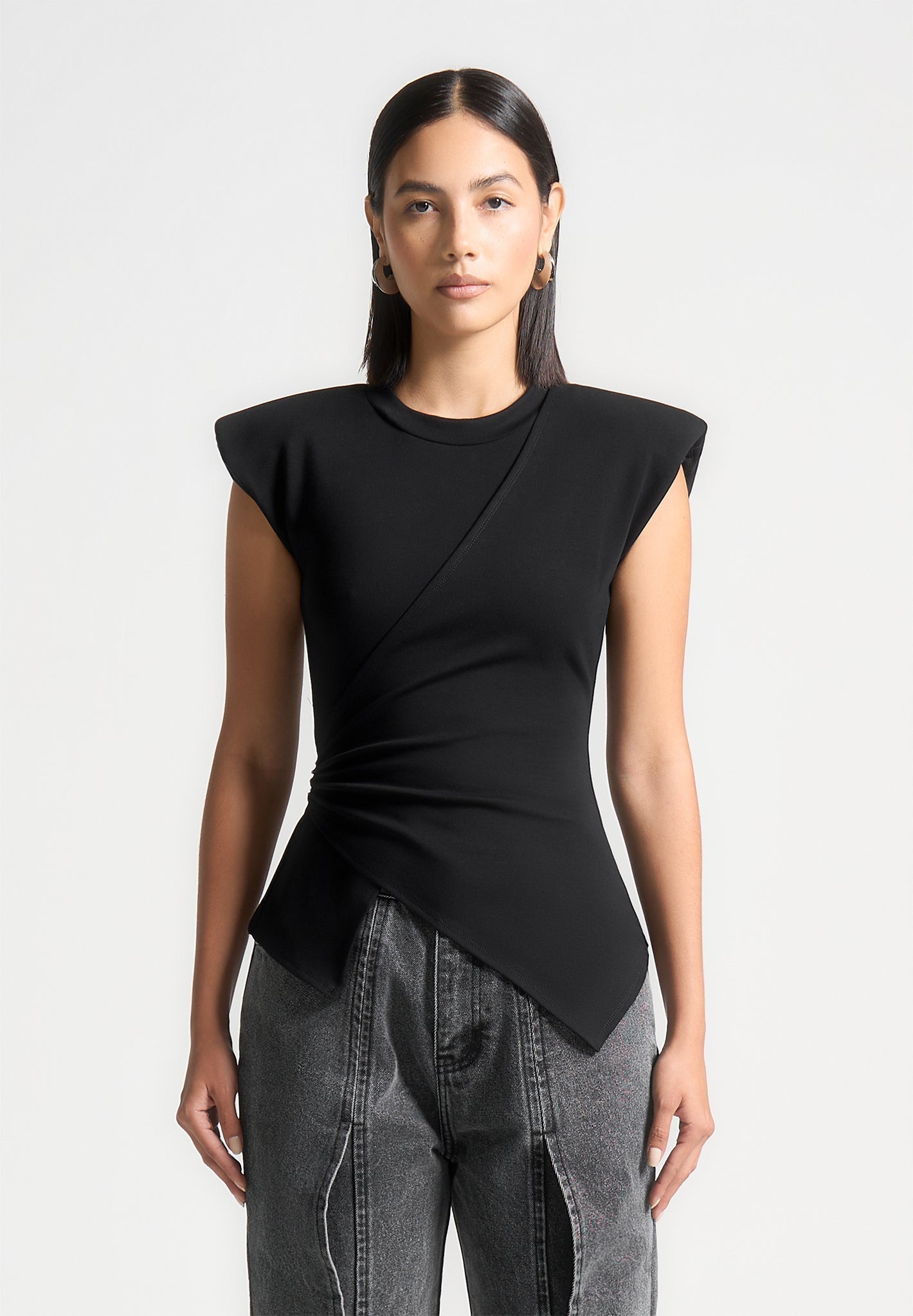 Wide Shoulder Ruched Waist Top - Black