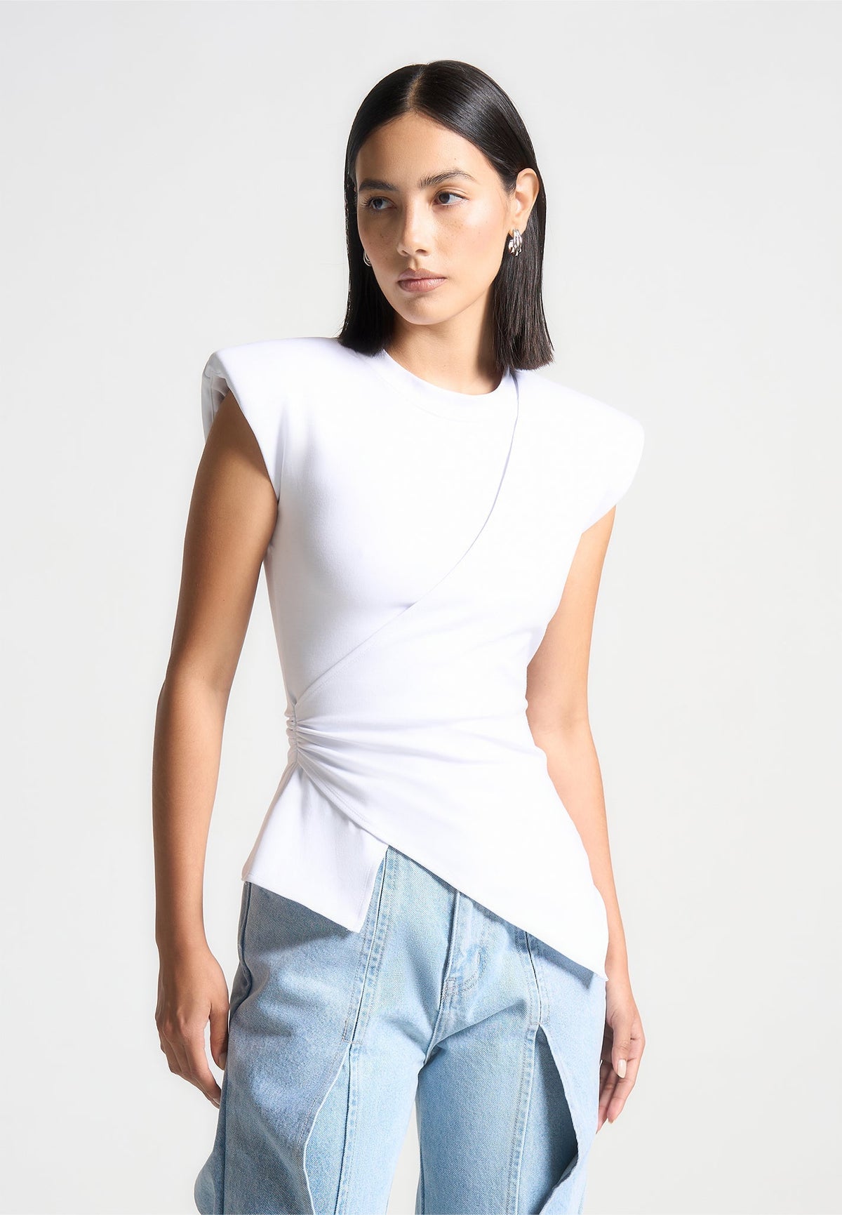 Paige - Wide Shoulder Ruched Waist Top - White