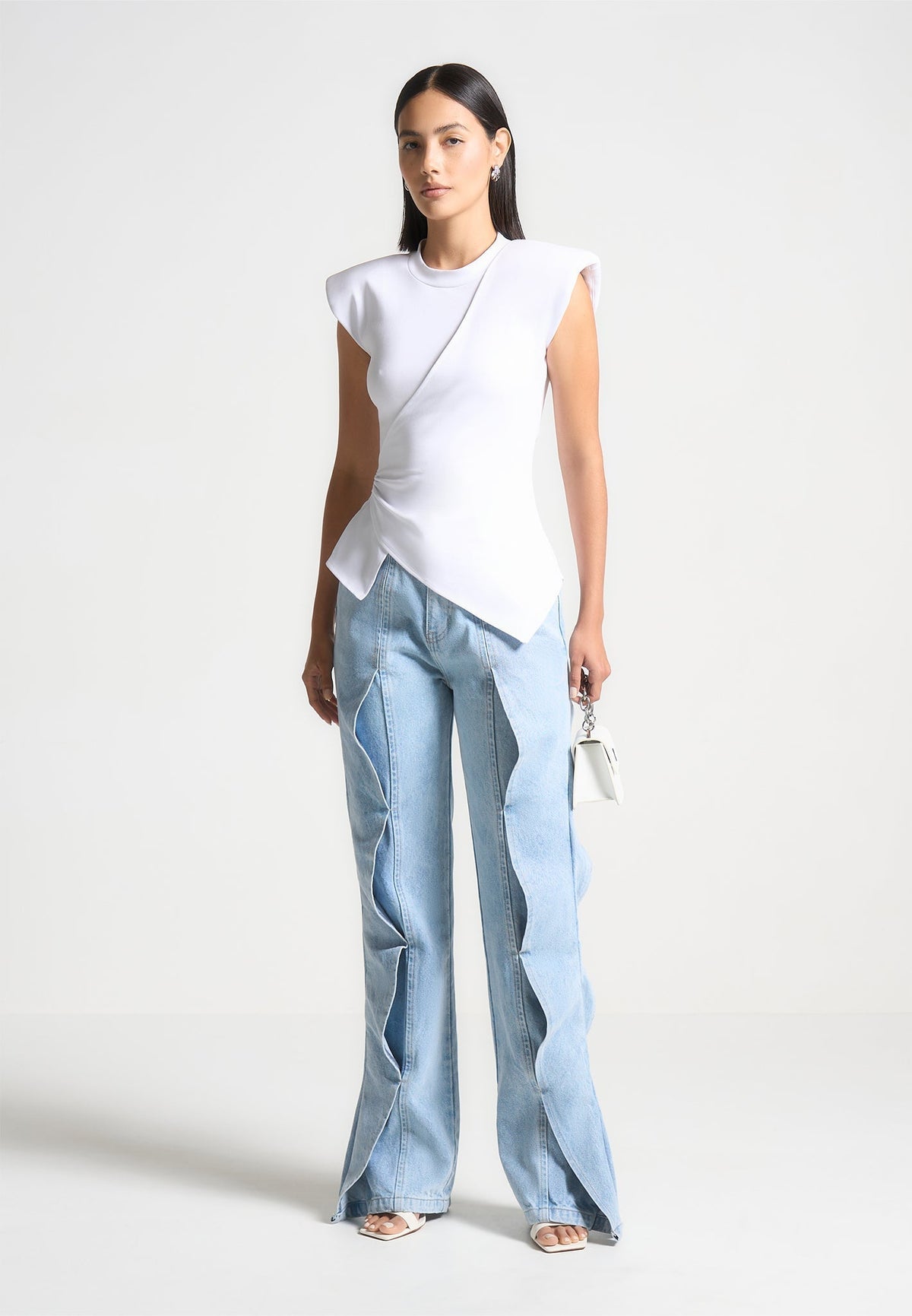 Paige - Wide Shoulder Ruched Waist Top - White