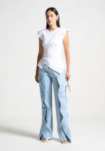 Wide Shoulder Ruched Waist Top - White