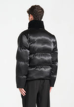 Satin and Velvet Panelled Puffer Jacket - Black