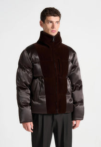 Alaric - Satin and Velvet Paneled Puffer Jacket - Brown