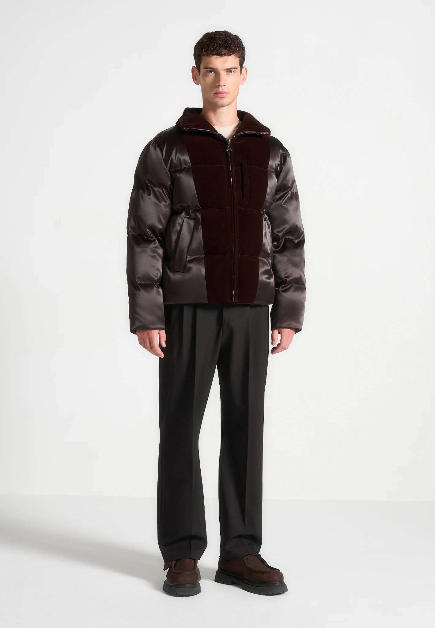 Satin and Velvet Panelled Puffer Jacket - Brown 