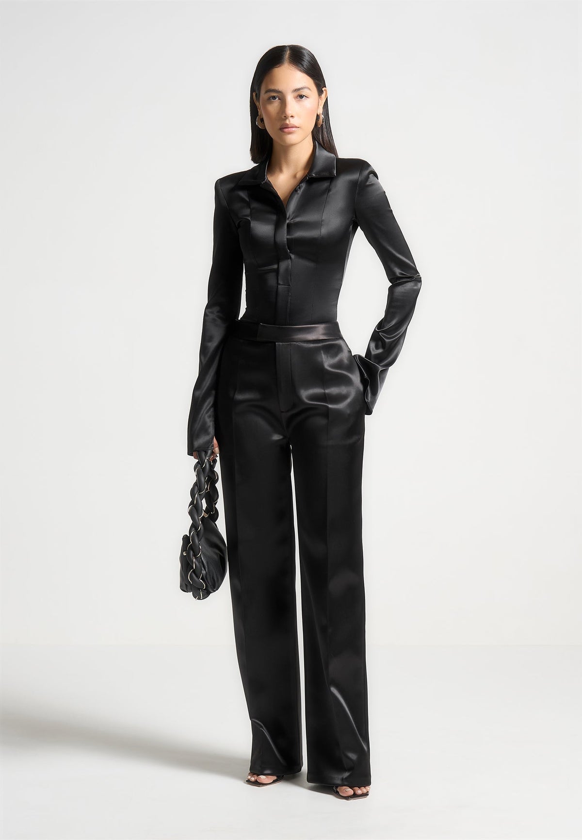 Louise - Wide Shoulder Satin Shirt Bodysuit - Black