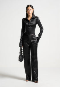 Louise - Wide Shoulder Satin Shirt Bodysuit - Black